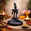 Modern Lord Krishna Flute Idol | Minimal Stone-Black Home & Meditation Décor (16 cm)