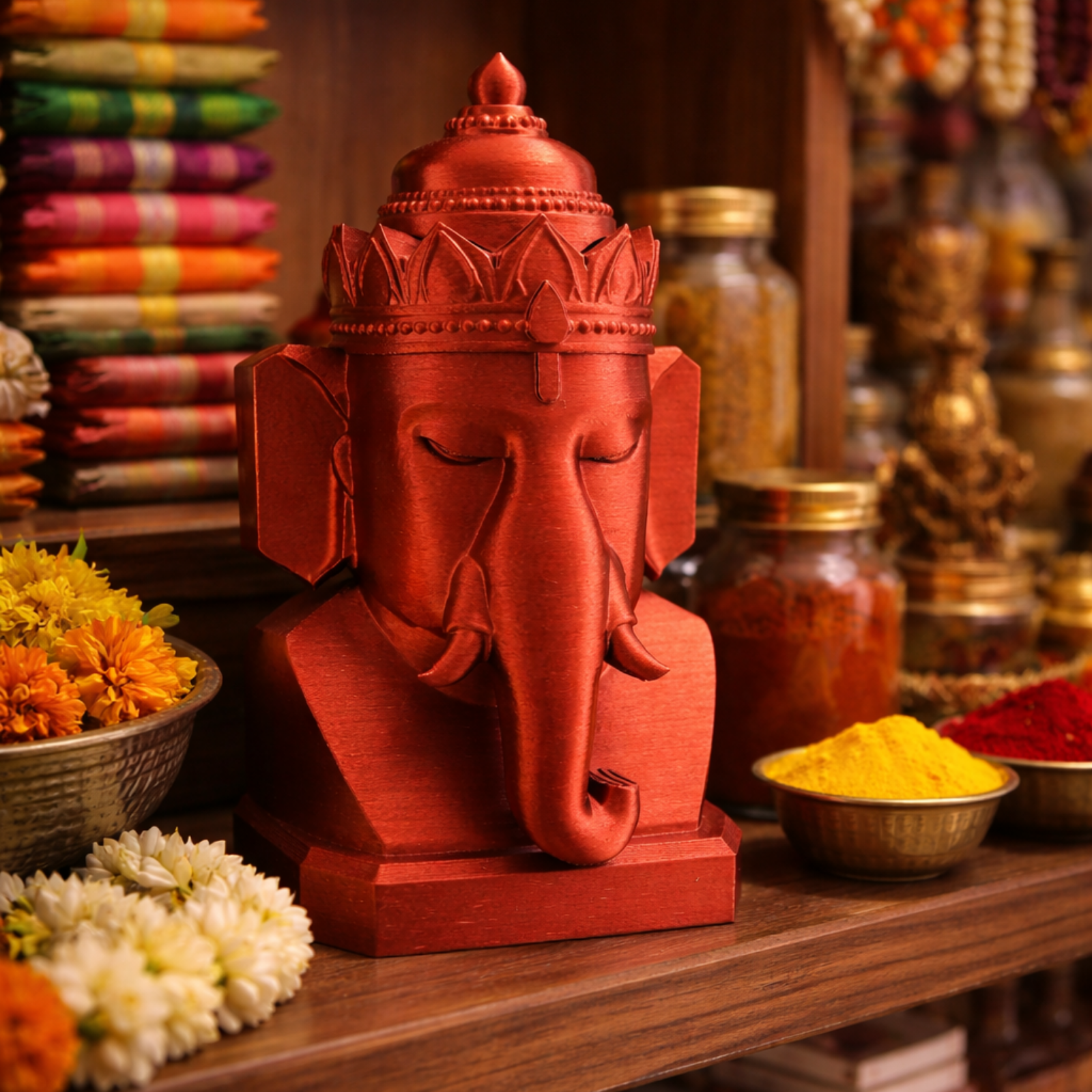 Lord Ganesha Bust – Metallic Red Finish | Modern Spiritual Home Décor (17.5 cm)