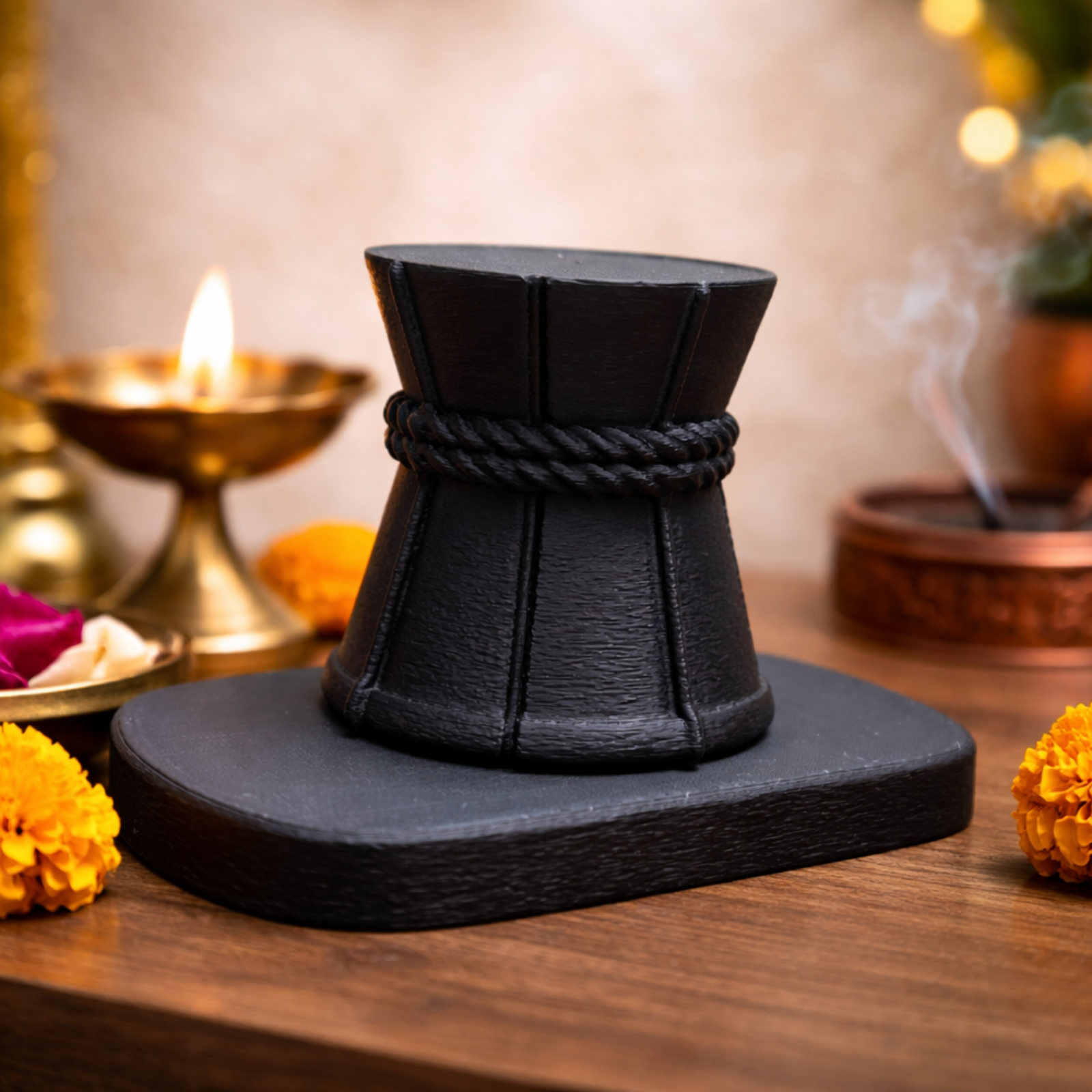 Minimal Lord Shiva Damru Idol | Stone Black Spiritual Home & Meditation Décor (7 cm)
